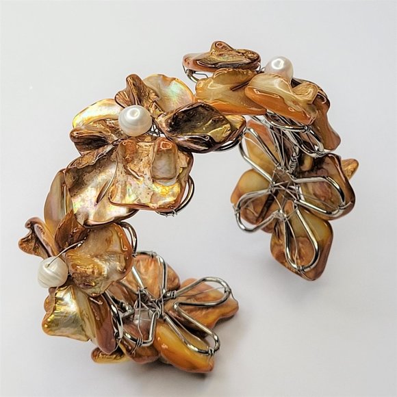 Orange Adjustable Cuff Bracelet with with Dyed Shell Petals & Pearls Bangle - Picture 2 of 15